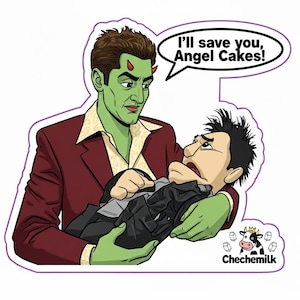 Könnte beinhalten: Ein Aufkleber mit einer grünhäutigen Figur mit roten Hörnern, die eine andere Figur hält. Die Sprechblase sagt: „Ich rette dich, Angel Cakes!“ Der Aufkleber hat einen lila Rand und ein „Chechemilk“-Logo.