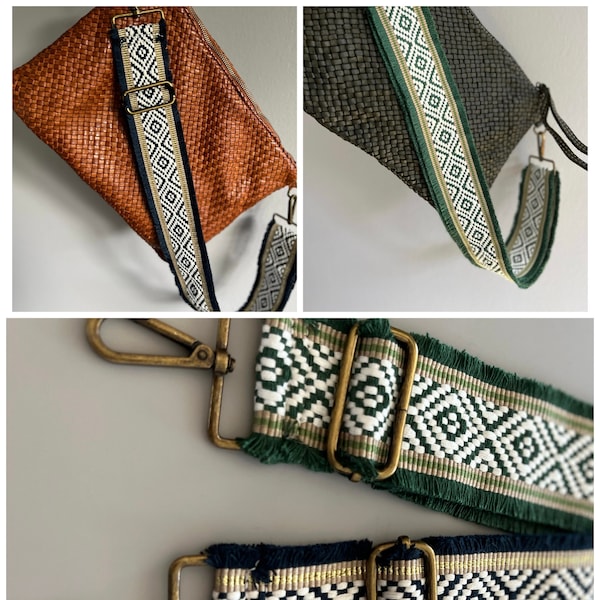 Antique gold webbing bag strap strap band for bags bagstrap dark blue green beige ethnic pattern