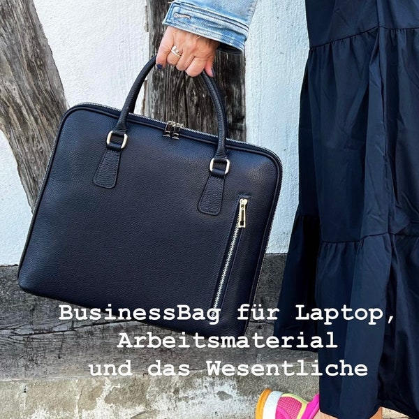 BusinessBag personalisierte Damen Laptoptasche Tasche Aktentasche dunkelblau Cognac Ledertasche Mit Ledergurt ohne Stoffgurt Schultertasche