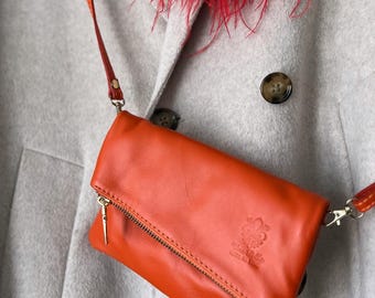 Baby Clutch Pochette Damen bag in bag Handtasche Ledertasche Tasche Leder Clutch orange taupe grau Abendtasche kleine Tasche