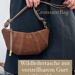 CroissantBag personalisierte Clutch Pochette Damen Handtasche Wildleder Ledertasche Tasche Leder Clutch Cognac Abendtasche kleine Tasche