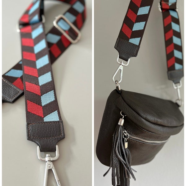 Webbing silver bag strap webbing for bags bagstrap with leather dark brown diamonds light blue red