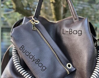 Mini Pochette BuddyBag als bag-in-bag oder Anhänger Handtasche Ledertasche Tasche Leder Clutch braun Blau Cognac Abendtasche kleine Tasche