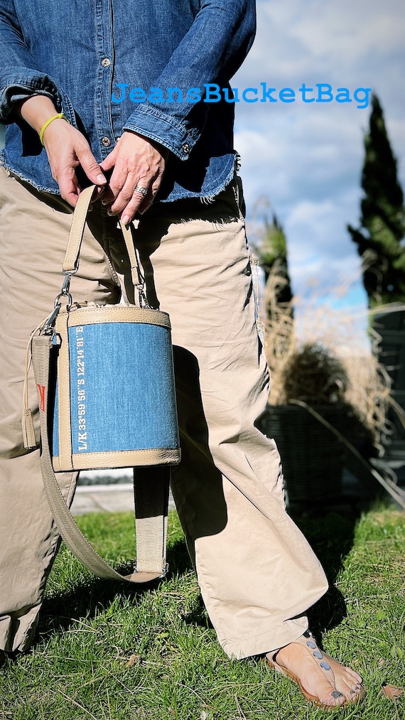 JeansBucketBag monogram initials leather bag crossbody bag shoulder bag  taupe cognac with leather strap without fabric strap