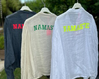 Namaste Leinen Bluse Shirt blau weiß beige passend für 36 38 40 42