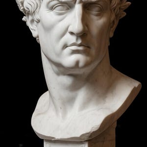 May include: A white marble bust of a person with a stern facial expression, wearing a laurel wreath on their head. The sculpture is mounted on a decorative pedestal featuring carved leaf motifs and a rounded base, set against a black background.