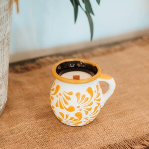 Mexican Yellow Jarrito Candle/Latina Candle Gifts/artisan mugs/soy candle/Handmade Candles/taza de Mexico, Christian Candles, Prayer Candle