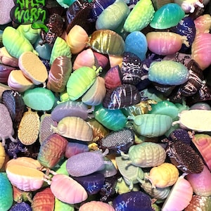 Peut inclure: Un ensemble de breloques en résine colorées en forme de limaces, dans diverses nuances de bleu, vert, rose et jaune. Certaines ont des finitions pailletées ou texturées. Une breloque verte et noire avec le texte "Wile Worm" est également visible.