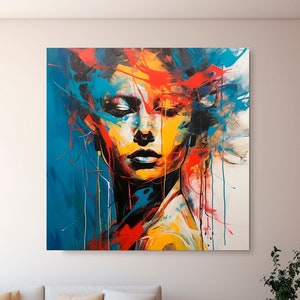 Colorful Face Abstract Art, Woman Portrait Painting on canvas, Vivid Wall Art Original, Extra Large Canvas Art