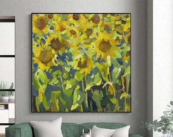 Pittura a olio di girasole, arte da parete Flowerfield su tela, arte da parete strutturata di grandi dimensioni, pittura floreale per parete