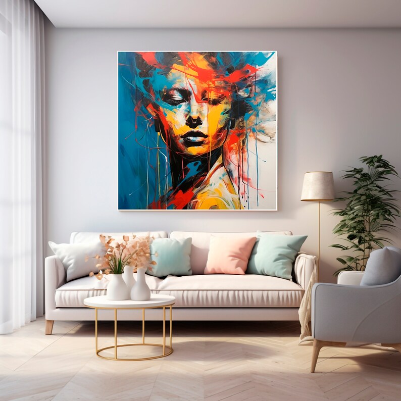 Colorful Face Abstract Art, Woman Portrait Painting on Canvas, Vivid