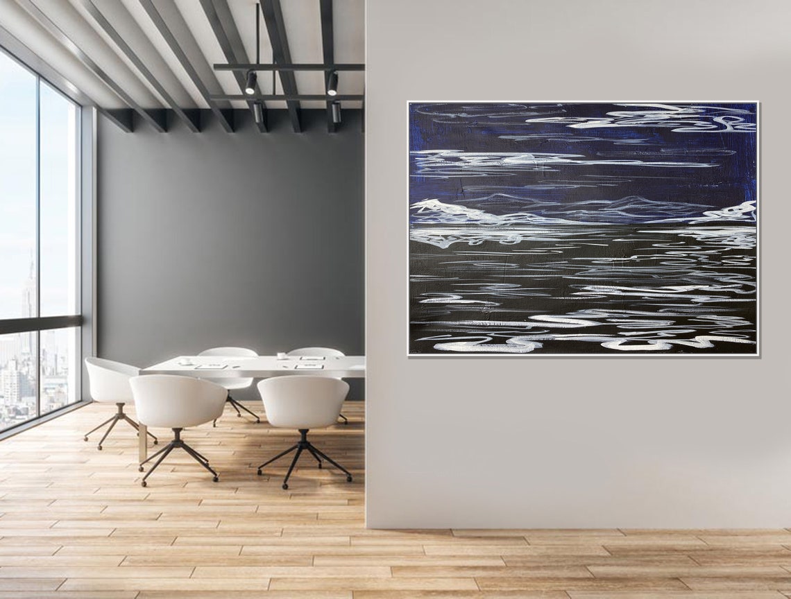 Navy Blue Wall Art Canvas Black White Painting Line Art Etsy