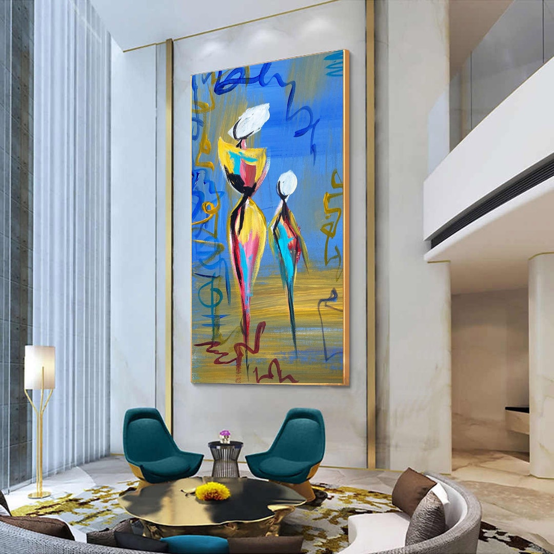 Tall Vertical Wall Art Blue Painting Yellow Painting Etsy