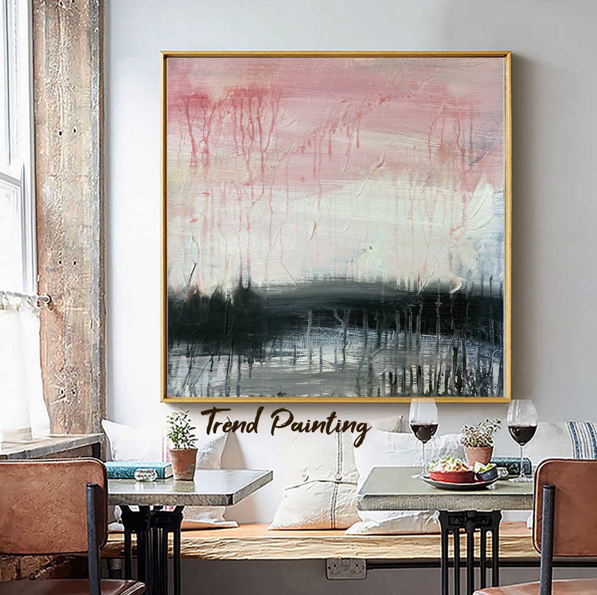 Modern Minimalist Painting Pink and Black Wall Art Rich Texture Art