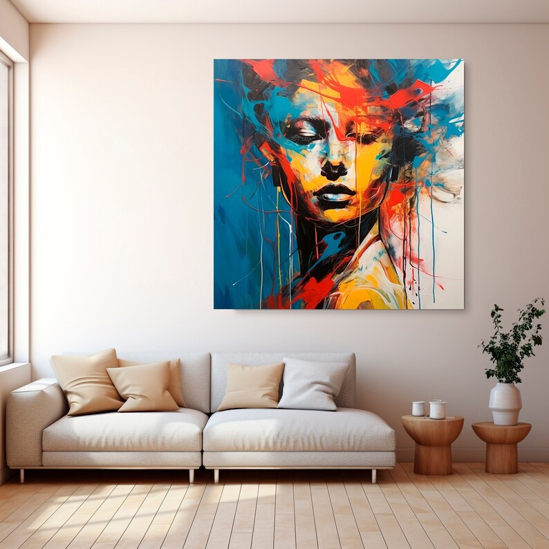 Colorful Face Abstract Art, Woman Portrait Painting on Canvas, Vivid