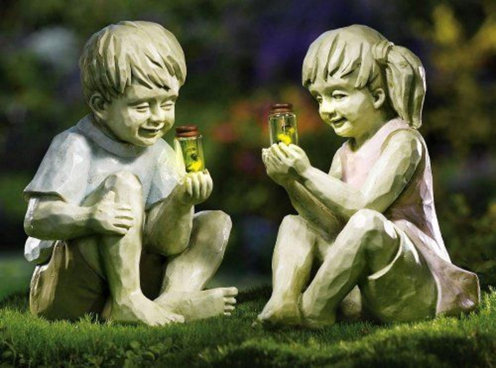 Garden Children Solar Lighted Firefly Jar Boy Girl Statue Etsy