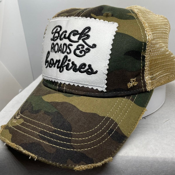 Back Roads and Bonfires Camo Distressed Hat