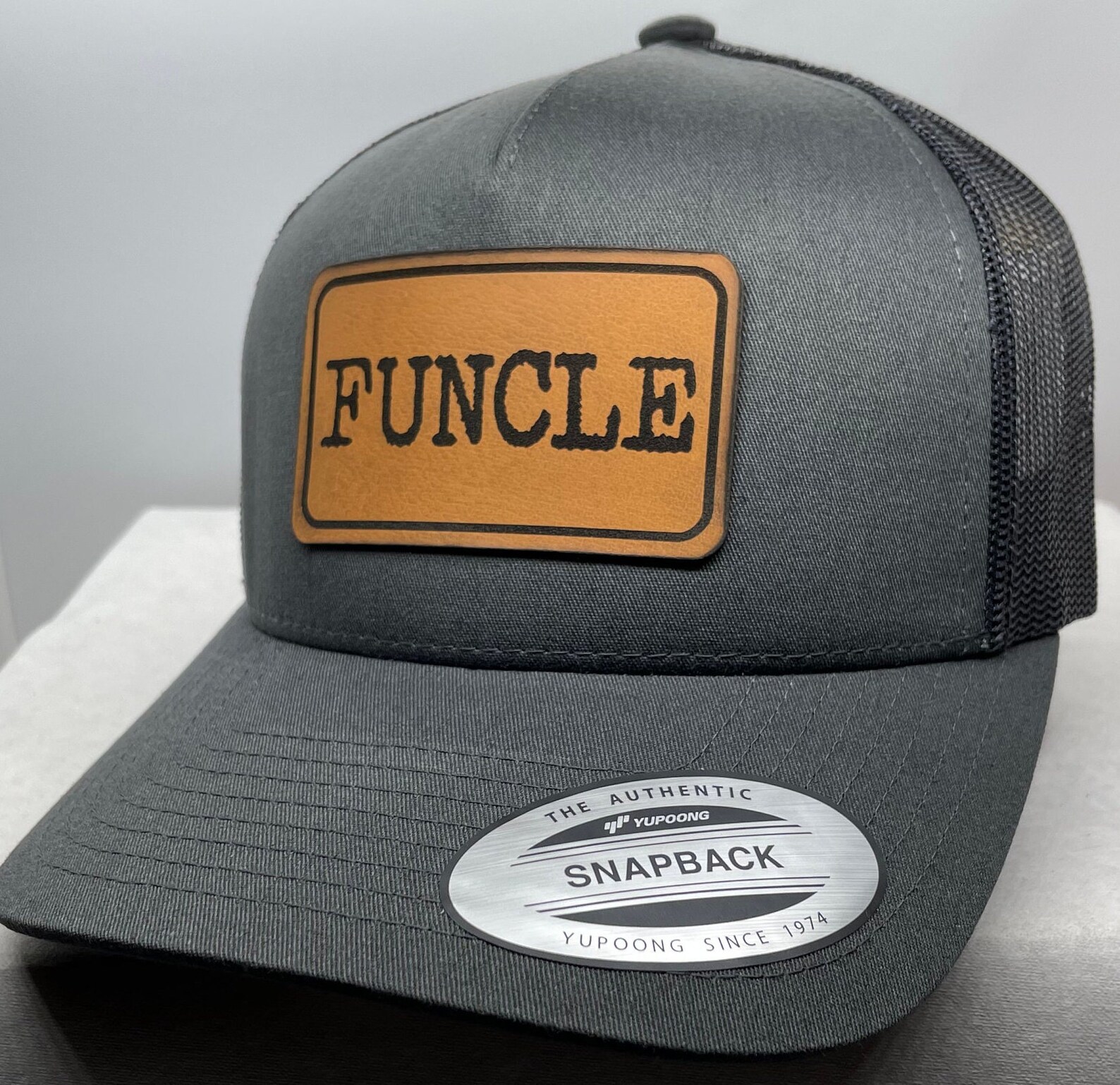 Funcle Leather Patch Hat Charcoal Gray With Mesh Back Best Funcle Hat ...
