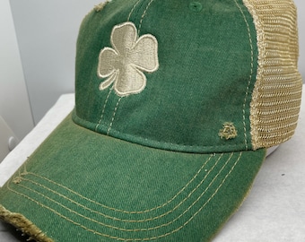 Clover Hat Lucky Clover Hat Four Leaf Clover Distressed Hat Kelly Green