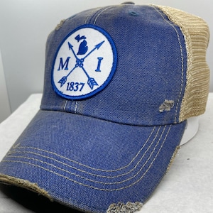 Michigan Patch Hat Blue Distressed Hat EST 1837