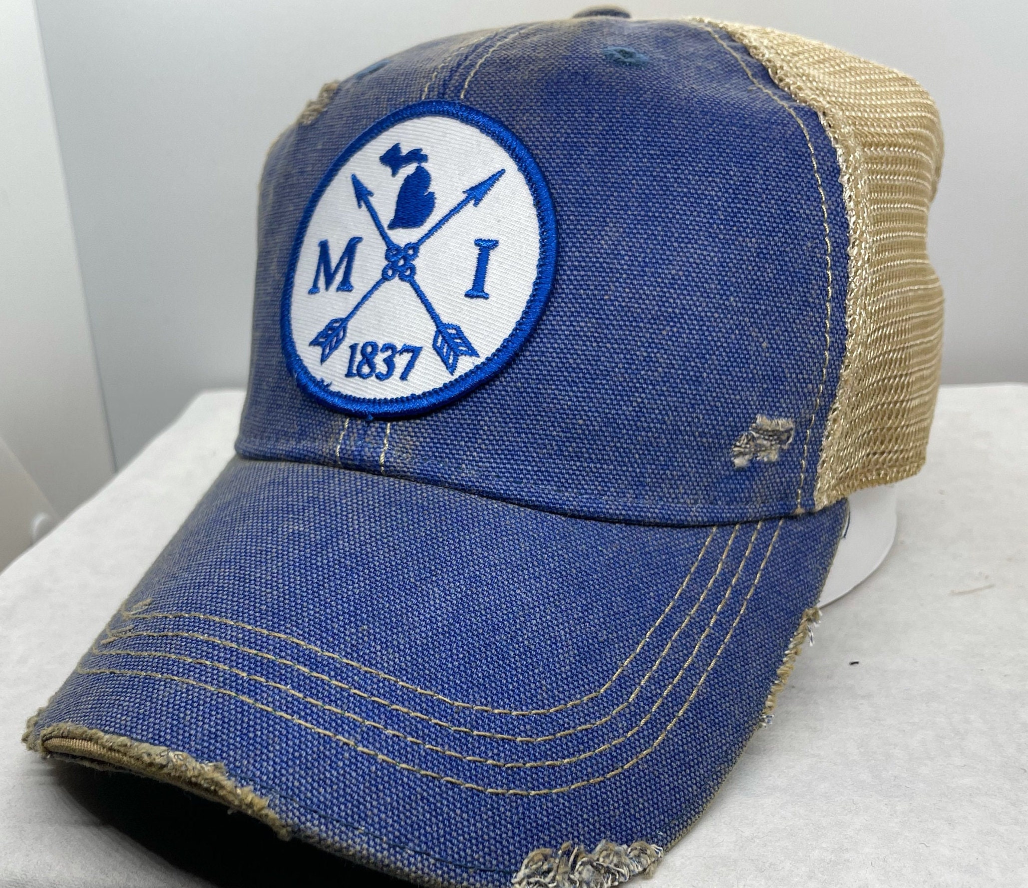 Michigan Patch Hat Blue Distressed Hat 