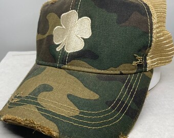 Clover Hat Lucky Clover Hat Four Leaf Clover Distressed Camo Hat