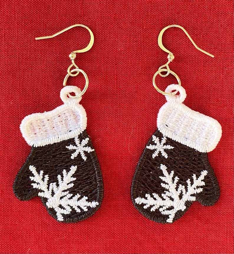 Winter Snowflake Mitten Embroidered Lace Earrings Black