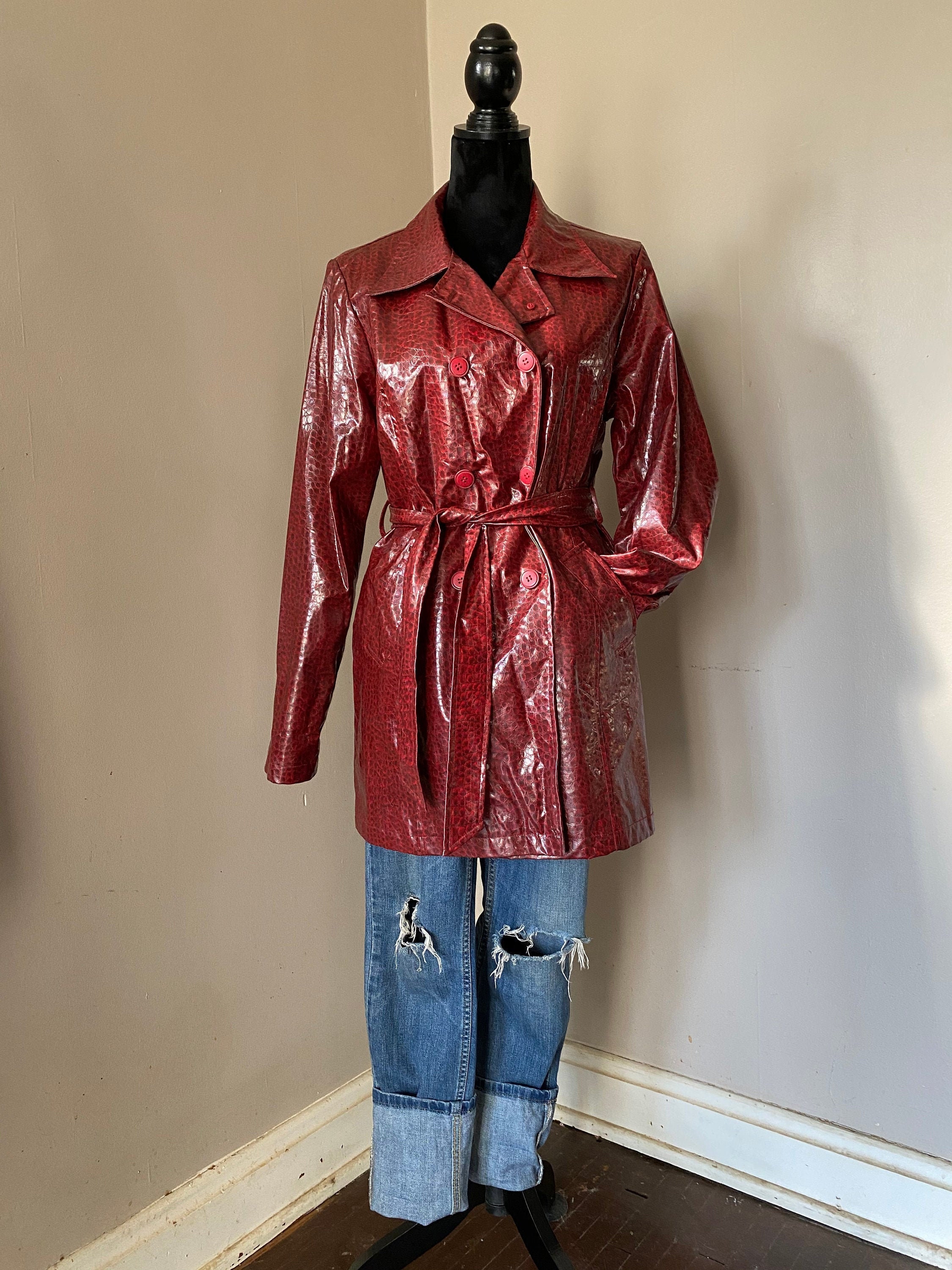 Vintage Deep Red Oxblood Snake Print Vinyl Trench Coat Etsy