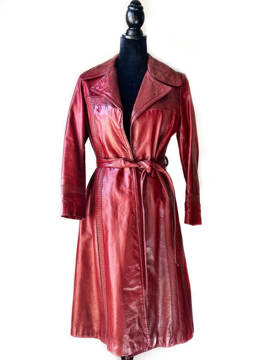 Vintage Leather Oxblood Rust Belted Trench Coat