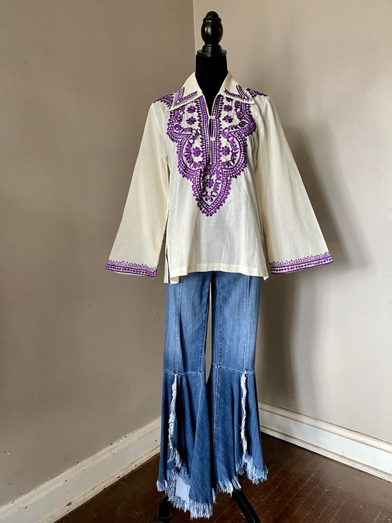 Vintage handmade White & purple embroidered shirt