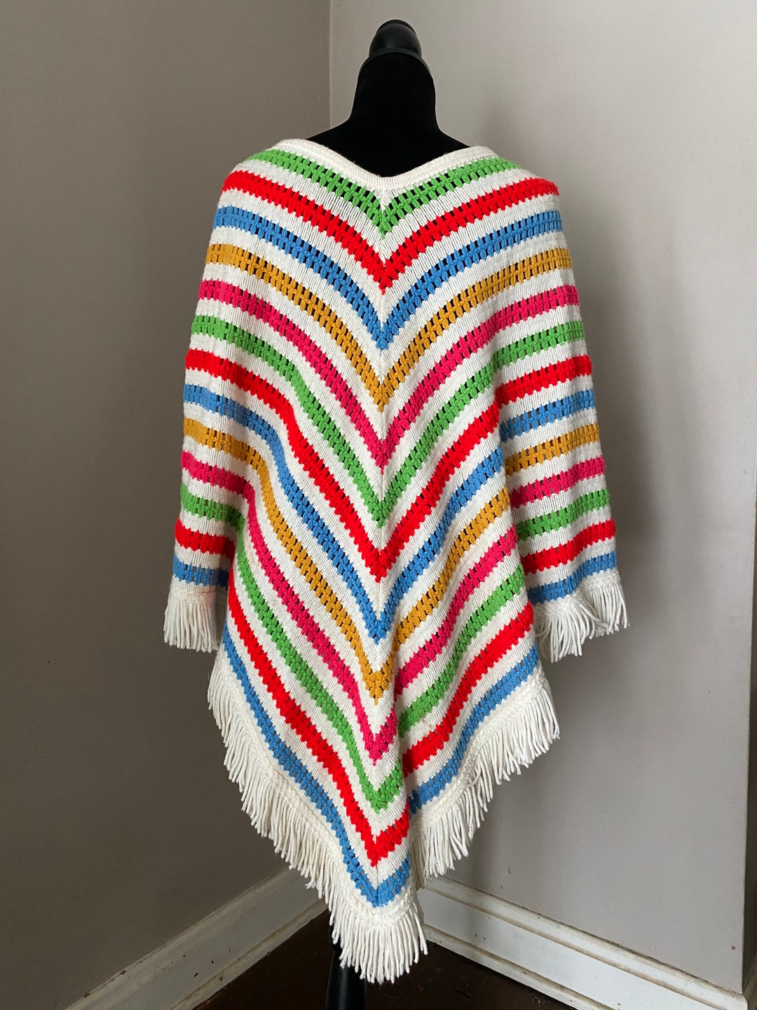 Vintage Multi Color Boho Fringe Crochet Poncho Cape Etsy