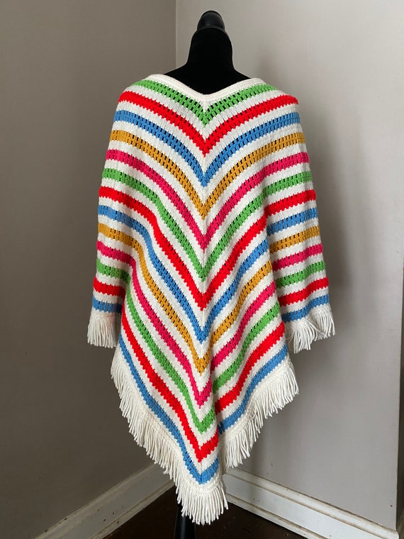 Vintage Multi Color Boho Fringe Crochet Poncho cap