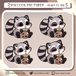 Puede incluir: Cuatro ilustraciones digitales de un mapache de dibujos animados sosteniendo un té de boba marrón con perlas de tapioca. El mapache lleva una cola rayada gris y blanca y tiene un rubor rosado en las mejillas. El mapache mira al espectador con una expresión feliz.