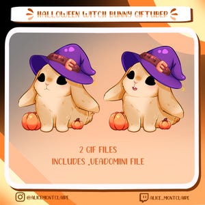 Puede incluir: Ilustración de dos conejos de dibujos animados con sombreros de bruja morados con correas y hebillas marrones. Cada conejo está sentado junto a una pequeña calabaza naranja. La imagen incluye el texto "HALLOWEEN WITCH BUNNY GIFTUBER" y "2 GIF FILES INCLUDES .UEADOMINI FILE".