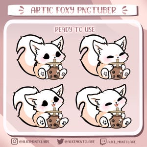 Op de afbeelding: Vier digitale illustraties van een witte vos met een bruine staart die een bruine boba-thee vasthoudt. De vos heeft zwarte ogen en roze wangen. De tekst "READY TO USE" staat bovenaan de afbeelding.