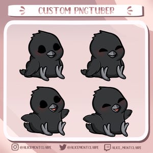 Puede incluir: Cuatro imágenes de dibujos animados de un cuervo negro con una expresión sonriente y mejillas rosadas. El cuervo está sentado con las alas extendidas y los pies visibles. El texto "CUSTOM PNGTUBER" está en la parte superior de la imagen. Redes sociales en la parte inferior.