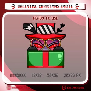 Op de afbeelding: Een digitale afbeelding van een personage met een rode hoed en hartvormige bril, met de tekst "VALENTINO CHRISTMAS EMOTE" en "READY TO USE". Het personage staat op een groen en rode geschenkdoos. Beeld afmetingen worden vermeld.