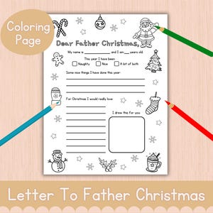 Plantilla para colorear de carta a Papá Noel en formato PDF imprimible Actividad navideña para niños Lista de deseos para colorear Descarga digital instantánea