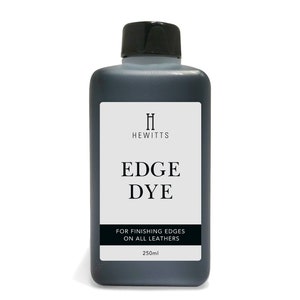 May include: A black bottle of leather edge dye with a white label that says "Hewitts Edge Dye" and "For finishing edges on all leathers". The bottle is 250ml.