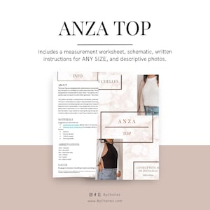 May include: A digital crochet pattern titled "ANZA TOP" with instructions for any size. The image includes a measurement worksheet, schematic, and descriptive photos. The pattern is from ByChelles.