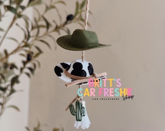 Cowboy Hat Cactus Car Charm, Western Rearview Mirror Decor, Boho Hanging Accessory