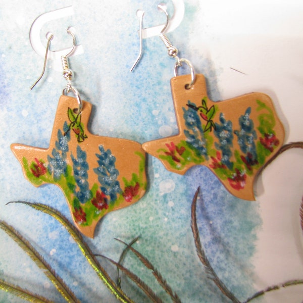 TEXAS Shaped Earrings with Hand-Painted Bluebonnets & Hummingbirds Real Leather! Choice of Ear Wires (as shown), Studs or Clip On Findings