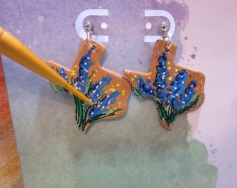 TEXAS WILDFLOWERS, BLUEBONNETS, Hand Painted Mini Masterpieces to Wear! Real Leather Texas Shaped Earrings! Made in Texas! Perfect Gift! Wow