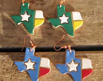 TEXAS HANDPAINTED Leather Earrings! You Choose Colors (any 3 Colors) Texas Flag, School Colors, Ear Wires or Studs, Carded for Easy Mailing