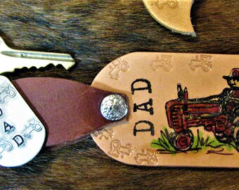 TRACTOR LEATHER KEY Chain, Name Added FRee! Any Color Tractor, Red, Blue, Green, Orange You Choose  A Shape: Texas or Tag, Tractor Keychain