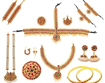 Raj Bharatham Complete set bharatanatyam jewellery set with all the 9 separate ornaments with gold plated All Ages