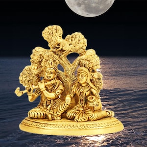 RAJ BHARATHAM Bronze Radha Krishna Sentado Sob Árvore Ídolo Murti Estátua Home Office Temple Mandir Pooja Puja Room Peso 1,2 Kg