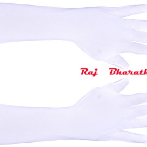 May include: A pair of white long cotton gloves. The gloves are shown on a white background.