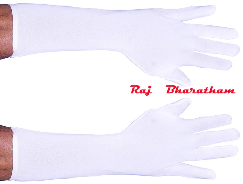 May include: A pair of white long cotton gloves. The gloves are shown on a white background.