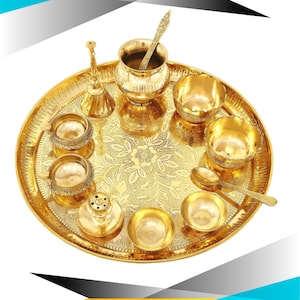 RajBharatham 9 INCHS Brass Pooja THALISet  Thali  Prasad Bowl ,Camphor Aarti Pooja Bell ,Chomukha Incense Burner ,Lota Achmani,Ek battiAarti